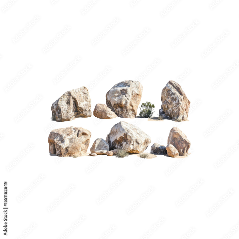 Naklejka premium Set of Massive Boulders in Dry Desert Landscape Isolated on White Background