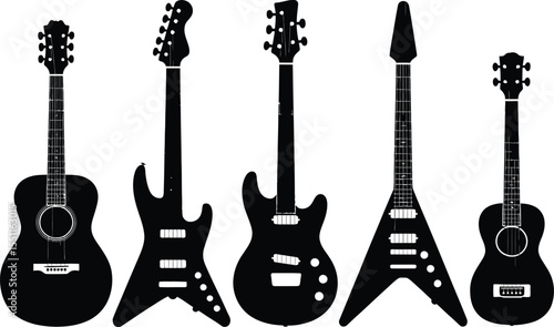 Mixed acoustic and electric guitar silhouette vector set including bass, ukulele and flying V shapes for rock and folk music graphics