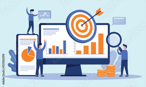 Achieving Business Goals: Team Analyzing Data, Targeting Success, and Observing Financial Growth on Digital Devices with Charts and Currency.
