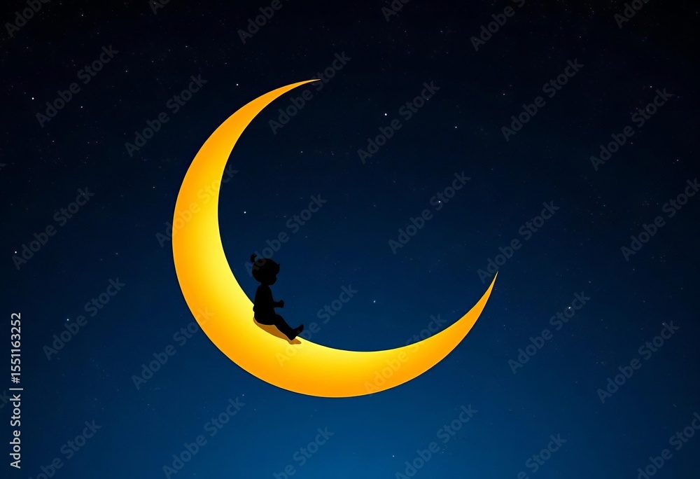 Naklejka premium Silhouetted childlike figure peacefully nestled on a slender crescent moon against a star-studded night sky, dream, art