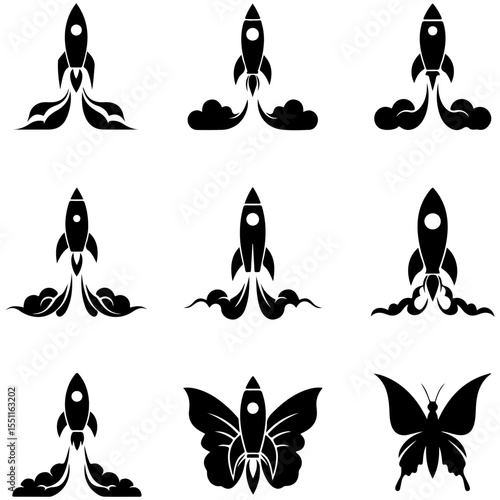 A collection showing the evolution of space travel, with silhouettes from early designs to future concepts