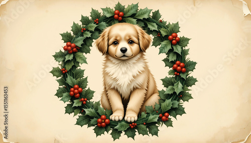 Cute Dog Framed in Christmas Wreath – Festive Pet Portrait on Grunge Vintage Background