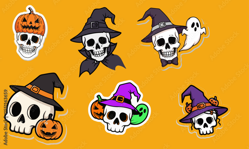 Obraz premium Cute Halloween Skull and Ghost Sticker Collection with Witch Hats and Pumpkins