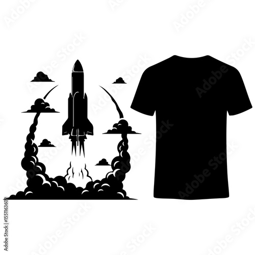 T-shirt design with complete compendium of galactic cruisers, alien probes, and retro sci-fi vessel silhouettes