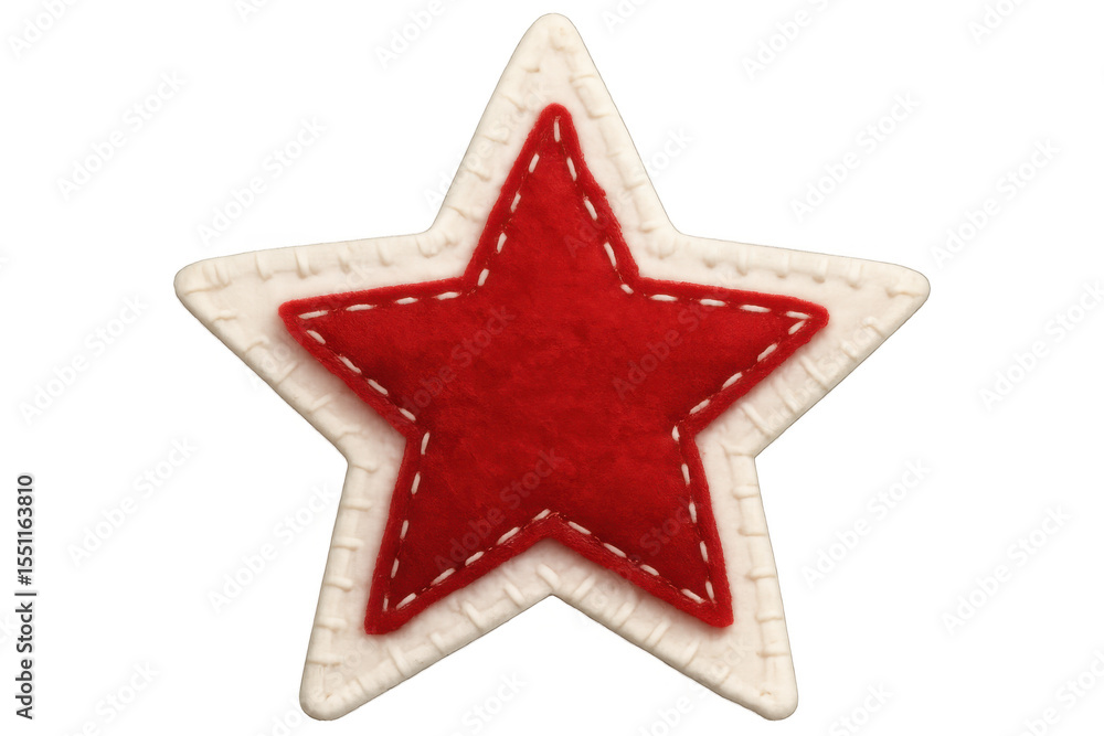 Festive star-shaped christmas ornament crafted from red and white felt, featuring delicate white stitching against clean transparent backdrop Festive star-shaped christmas ornament crafted from red and white felt, featuring delicate white stitching against clean transparent backdrop