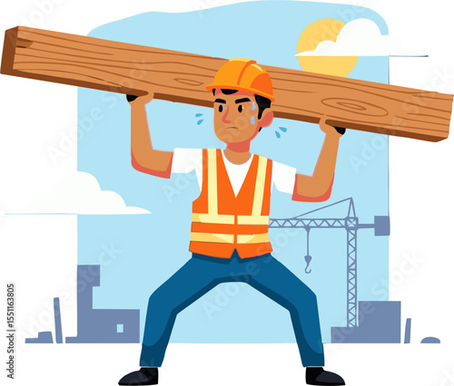 Strained Construction Worker Carrying Heavy Timber Beam
