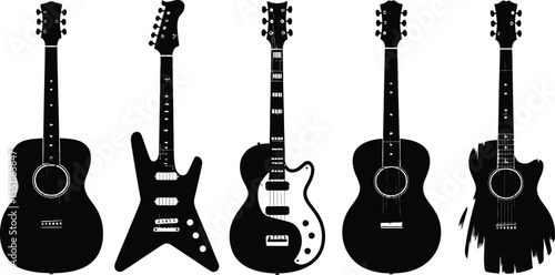 Guitar silhouette vector set with acoustic and electric guitar shapes in black isolated on white background