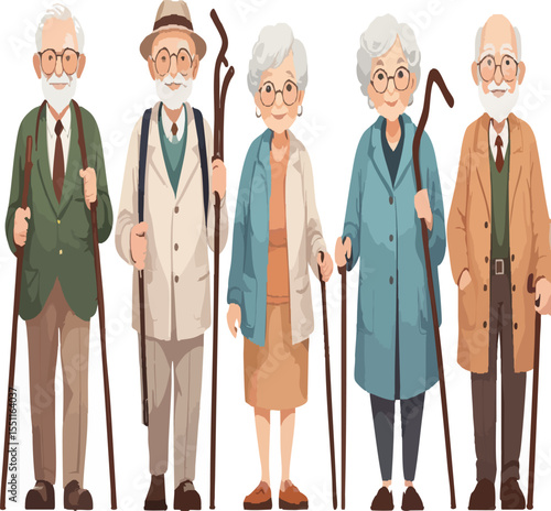  Group of Elderly Men and Women with Walking Sticks