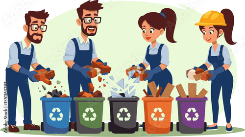 Team Sorting Recyclable Materials into Different Colored Recycling Bins