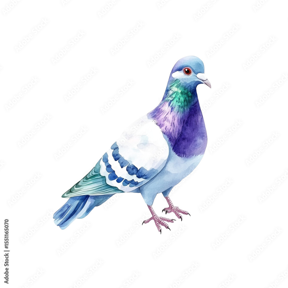 A lone pigeon, a symbol of peace, stands isolated on a white background, showcasing its delicate feathers and wing details A lone pigeon, a symbol of peace, stands isolated on a white background, showcasing its delicate feathers and wing details
