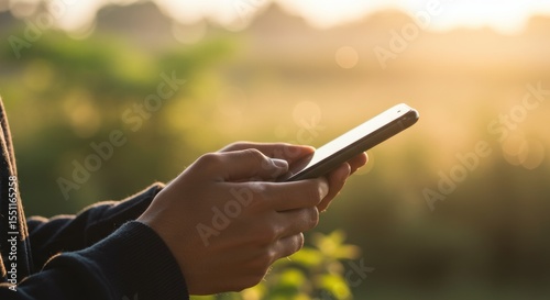 Golden Hour Mobile: Hands Holding Phone, Blurred Greenery, Warm Sunlight.