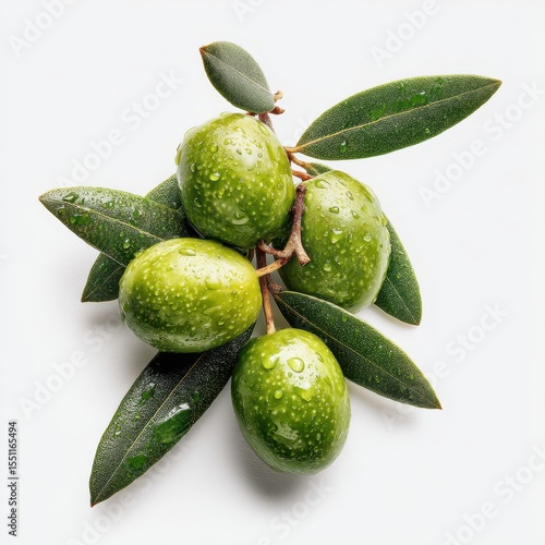 Wallpaper Mural Four dewy green olives on a branch with leaves, isolated on white Torontodigital.ca