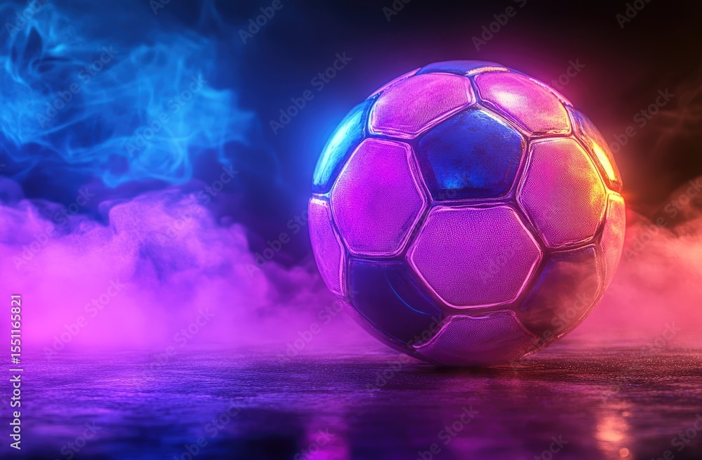 Fototapeta premium A vibrant soccer ball in neon light, surrounded by smoke