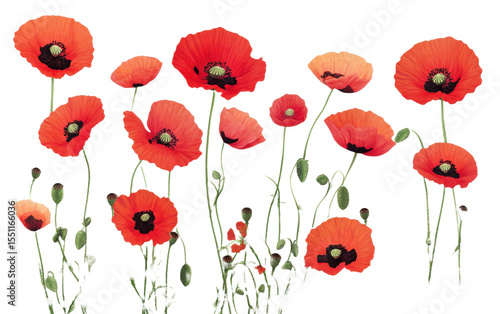Red poppy flowers field illustration with green stems age isolated on transparent background