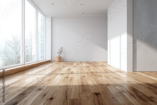 Sunlit minimalist room with hardwood floors, large windows offering city views, and a single plant