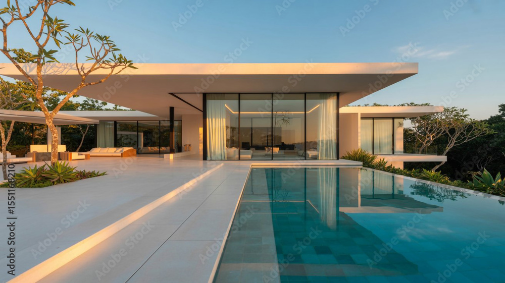 Fototapeta premium Modern villa with infinity pool and sunset view