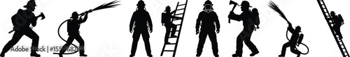 Extended firefighter silhouette vector strip with hose attack, ladder ascent, gas-mask stance and axe swing for emergency graphics