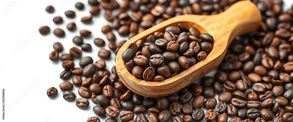 Fototapeta premium Dark roasted coffee beans in rustic wooden scoop on pristine white background, rich, delicious