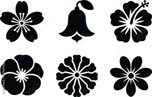 Decorative flower head silhouette vector pack featuring cherry, bell, hibiscus, pansy, zinnia and daisy symbols for creative graphics