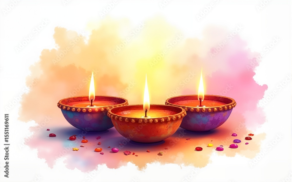 A watercolor of festival capturing the vibrancy of Diwali in cyber styles, clipart watercolor on white background. High quality A watercolor of festival capturing the vibrancy of Diwali in cyber styles, clipart watercolor on white background. High quality