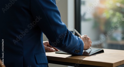 Blue-suited professional using stylus on tablet at bright window, focused work.