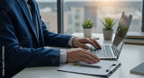 Office Worker Typing on Laptop, Window Light, Documents and Plants on Desk.