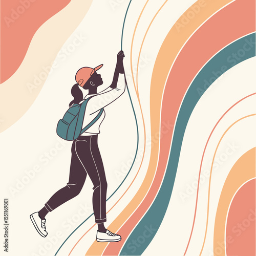 Woman with backpack climbing abstract wavy colorful lines reaching for the top