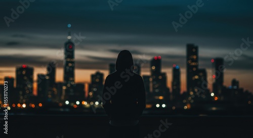 Hooded Figure Gazing at Illuminated Cityscape at Twilight.
