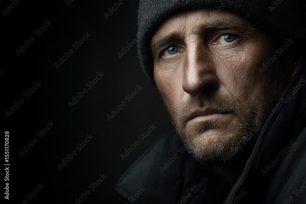 closeup portrait of american homeless person with exaggerated expression of despair featuring only face against closeup portrait of american homeless person with exaggerated expression of despair featuring only face against