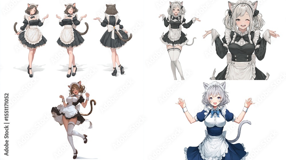 Naklejka premium Digital illustrations of five female characters, each wearing a maid outfit with cat ears. Varying colors and styles of maid outfits and poses