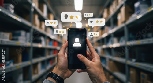 Warehouse Feedback: Customer Profile & Rating Icons on Smartphone Display