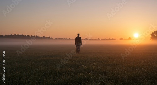 Solitary Figure in Fog, Dawn Light, Open Field, Silhouette, Tranquil Landscape.