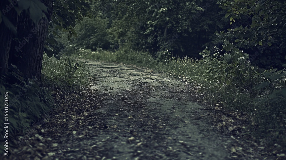 Fototapeta premium A dimly lit path winds through a lush, overgrown forest, leaves and vegetation crowding the sides. The atmosphere is serene, mysterious, and slightly ominous