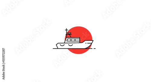 Nautical Voyage: Minimalist Boat Icon with Red Sun Backdrop