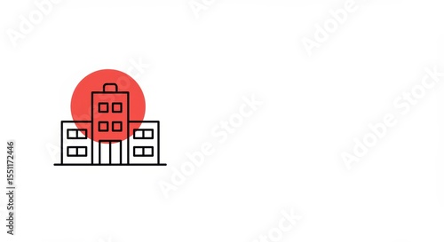 Building Icon with Red Circle, Minimalist Style