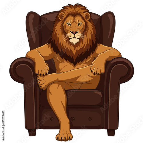 Cartoon lion sitting in a brown leather armchair with crossed legs