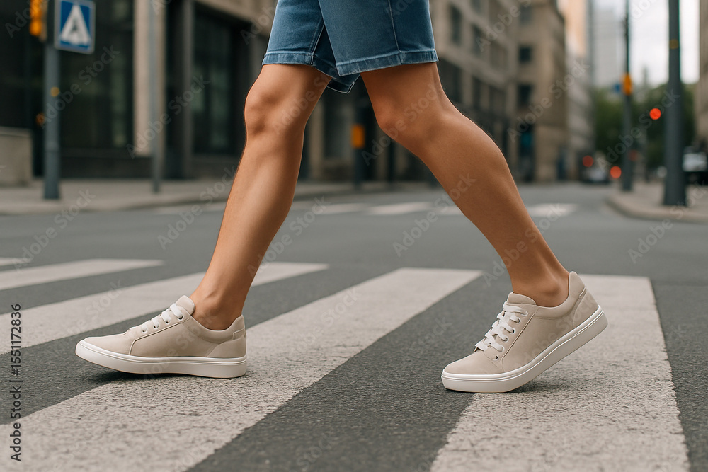 Close-up of legs in sneakers stepping on pedestrian crossing in modern city. Close-up of legs in sneakers stepping on pedestrian crossing in modern city.