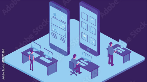 Mobile ui tester room with app screens floating ar