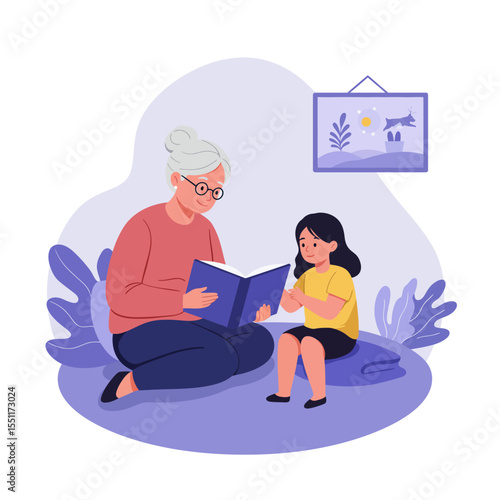 Grandmother reading a book to her granddaughter spending quality time together indoors