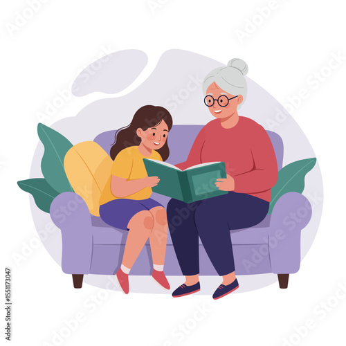 Grandmother and granddaughter reading a book together on the couch illustration
