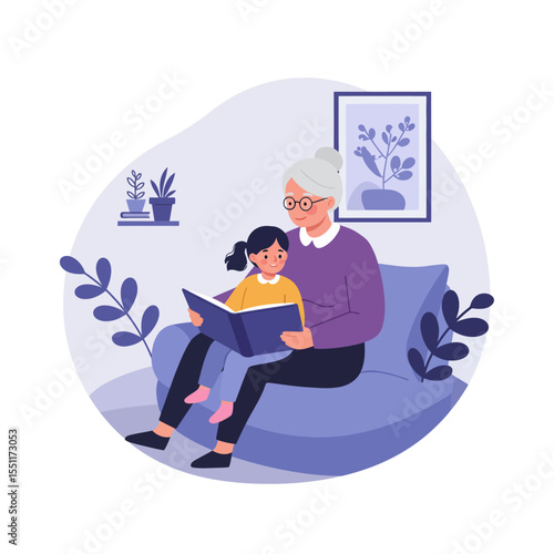 Grandmother reading a book to her granddaughter on the couch at home