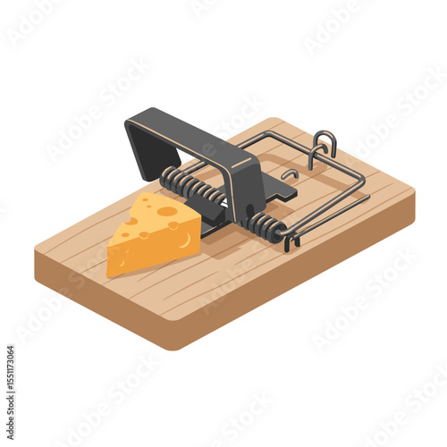 Cartoon illustration of a mousetrap baited with a piece of cheese