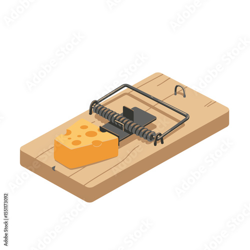 Isometric Mouse Trap Illustration with Cheese Bait on White Background