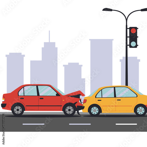 Car accident illustration with damaged vehicles on city street background