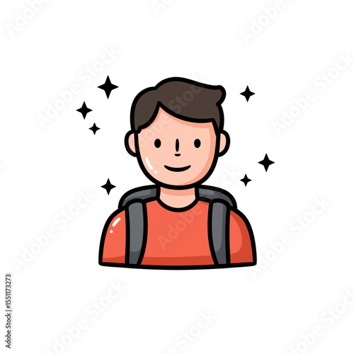 Happy young cartoon student character wearing backpack smiling and ready for learning education journey travel or adventure flat graphic illustration icon avatar