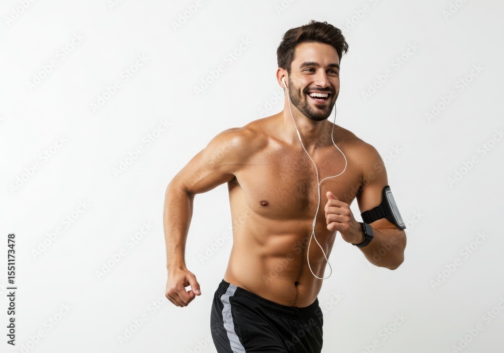 Smiling man jogging with phone and earbuds isolated on white background Smiling man jogging with phone and earbuds isolated on white background