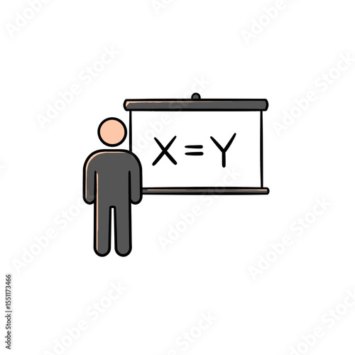 Professional Vector Icon Depicting a Teacher Character Explaining a Fundamental Concept on a Presentation Screen with a Simple Equation Symbolizing Education Learning and