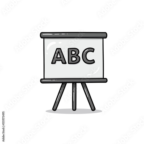Simple flat vector illustration of a portable presentation whiteboard displaying the basic alphabet letters ABC standing on a tripod representing fundamental learning and