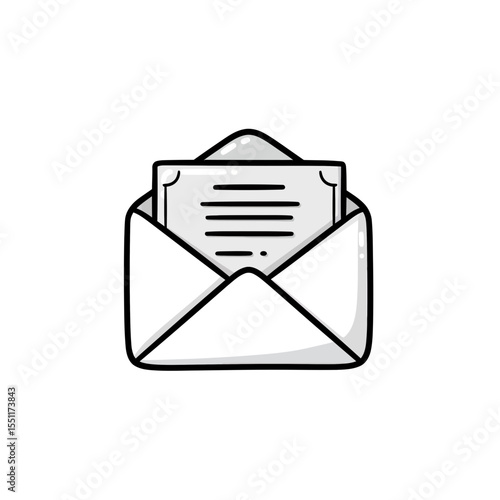 Simple Hand Drawn Outline Sketch Illustration Icon Of An Open Envelope With A Document Message Important Letter Received Or Sent Concept Isolated On White Background For Design