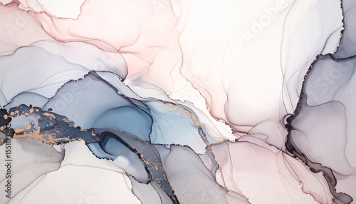 Delicate swirling abstract art with pink, gray, and blue hues, subtly enhanced by a touch of gold, creating a sophisticated and calming visual experience.